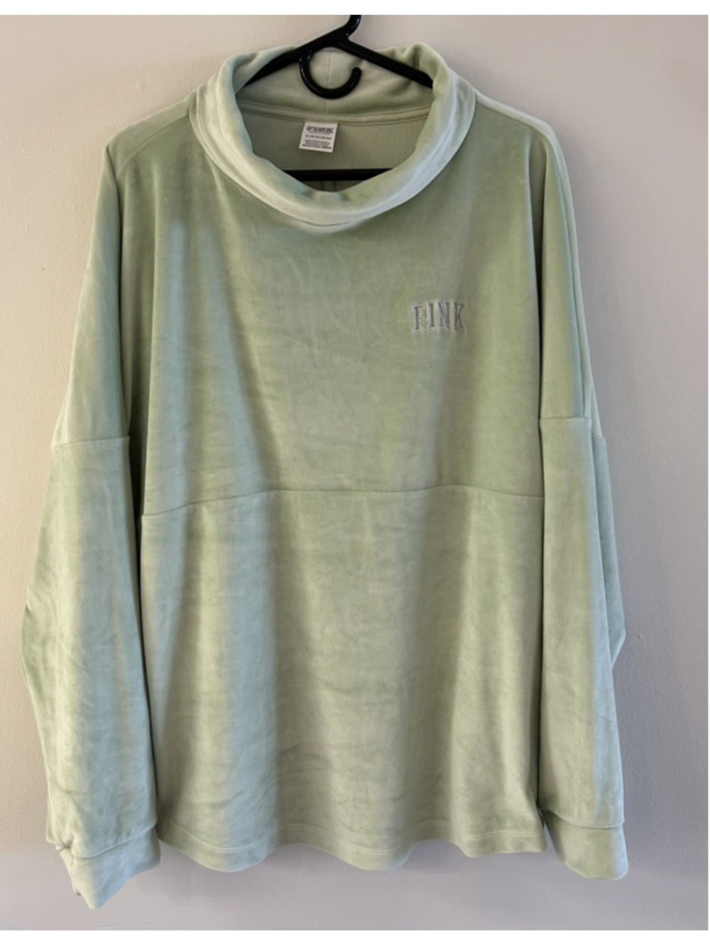 PINK Victori’s Secret XL Velour Cowl Neck Logo Pullover Sweatshirt Green Y2K